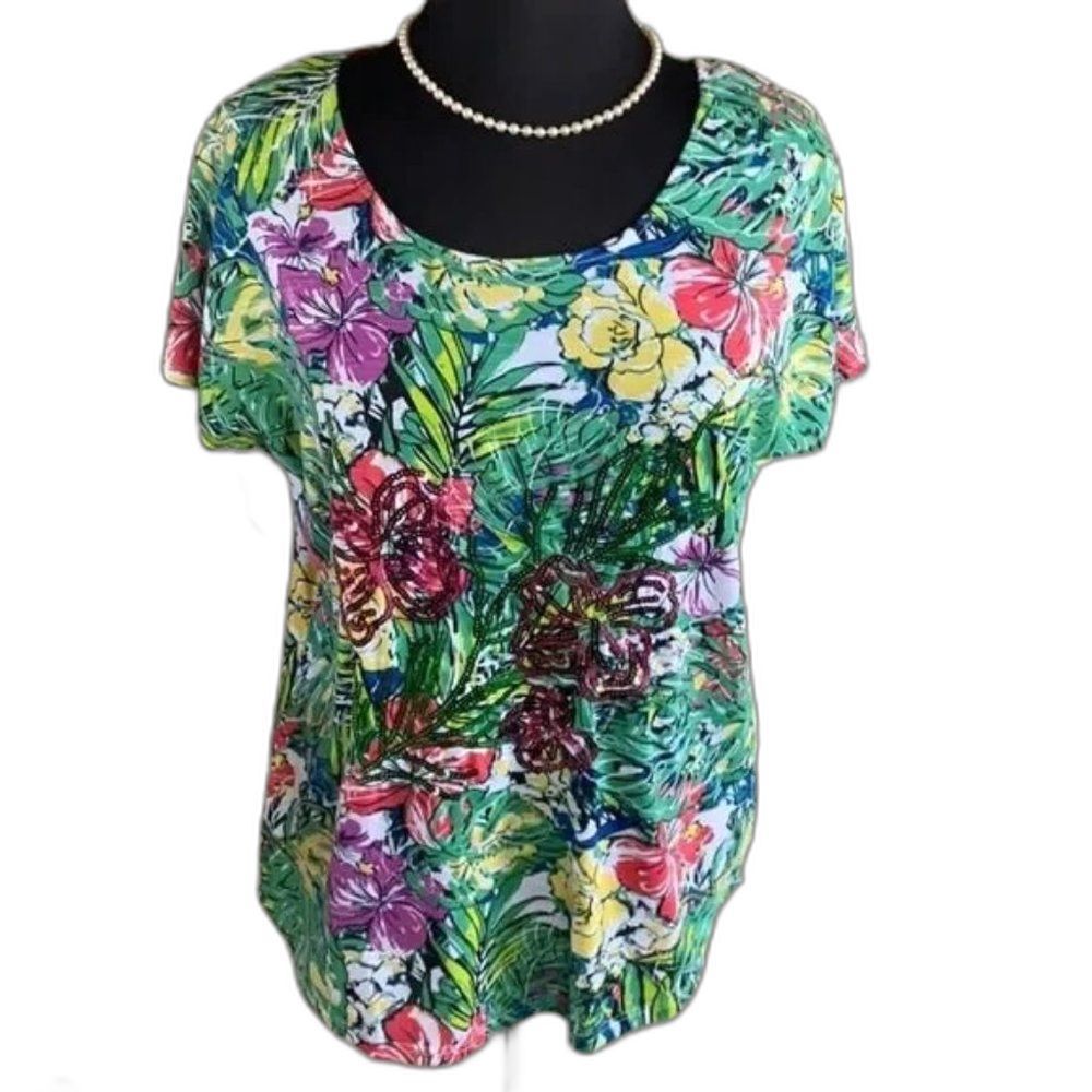 Palm Harbour Floral Sequin Short Sleeve Top Med LTOP166